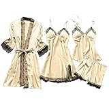 Dessous Damen Sexy Unterwäsche, 4-teiliges Dessous Set Damen Kunstseide Spitze Negligee Robe Nachtkleid Babydoll Nachtwäsche Nachthemd Pyjamas Schlafanzug Reizwäsche Vierteiliger Anzug