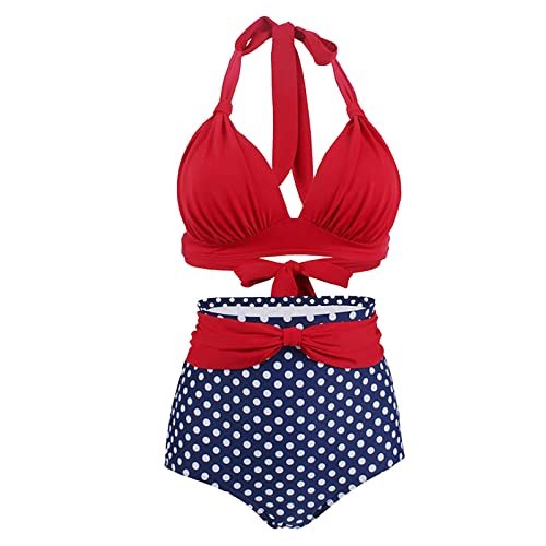 Conjunto de Bikini de Cintura Alta con Cuello Halter de Lunares Retro Traje de baño de Dos Piezas Floral Bikini Set