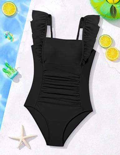 Image of NECIOUS Girls Swimsuit Ruffle Adjustable Straps One Piece Bathing Suit Solid Color Ruched Girls' Swimwear 9-16Y