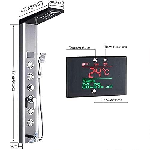 Columna de Ducha LED con Panel de Chorro Cascada, Lluvia y Pantalla de Temperatura, con Duchador de Mano y Jets de Hidromasaje, Acabado Cromado, Negro miniatura 2