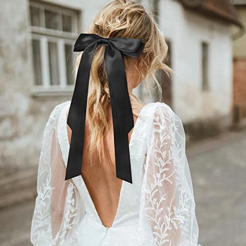 Large Satin Hair Bows 2Pcs Hair Ribbons For Women Ceelgon Big Long Black Ballet Style Hair Bows French Barrette Vintage Accessories For Girls-Black #TOP2