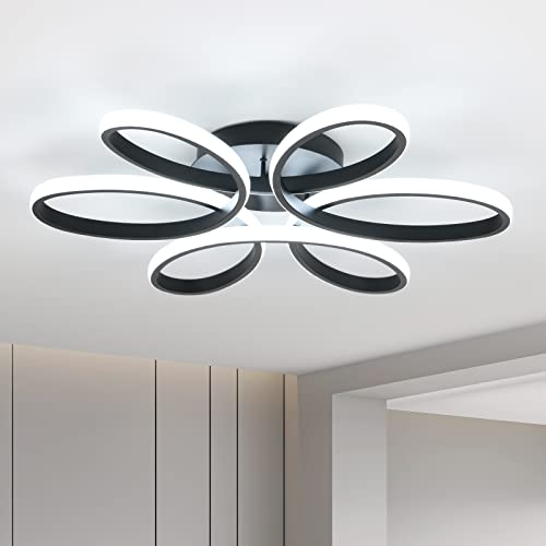 Modern LED Ceiling Light, 75W Black Ceiling Light Fixtures Elegant Flower Design Semi Flush Mount Chandeliers Ceiling Light for Living Room, Bedroom, Kitchen, 6500K Cool White