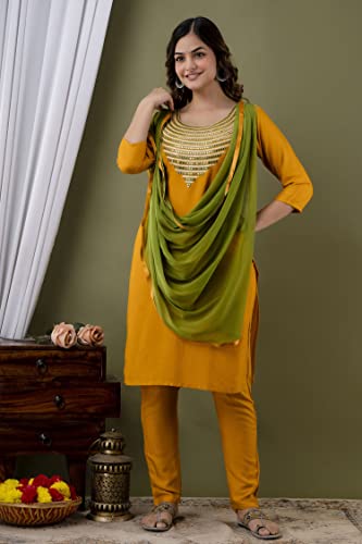 Image of Yashika Women's Cotton Rayon Dark Blue Color Kurta and Pant Set with Dupatta