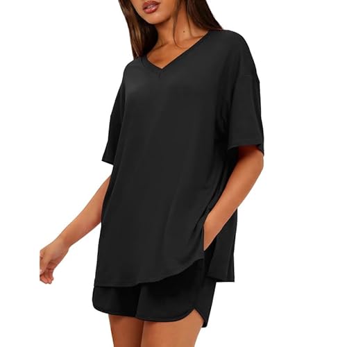 Marvmys Womens Pajama Sets Short Sleeve Pajamas V Neck Sleepwear Oversized Pjs Summer Lounge Sets with Pockets S-XXL Small Black