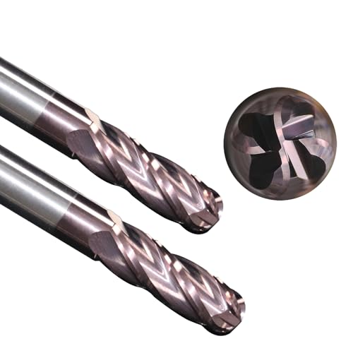 WEXWE Tools Carbide Ball End Mill Bits, 4 Flutes TISIN Coating, Cutting for Alloy Steel, Hardened Steel Stainless Steel, 1/8" Shank,(1/8-2" 2pcs)