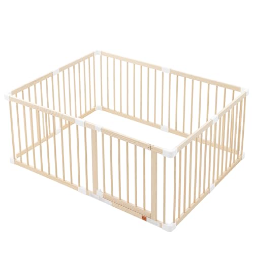 Image of FDTQP Wooden Playpen, Baby Gate Play Yard Foldable, Baby Play Pen for Toddlers and Babies, Large Size Adjustable Play Fence with Locking Gate, Indoor Activity Center for Kids