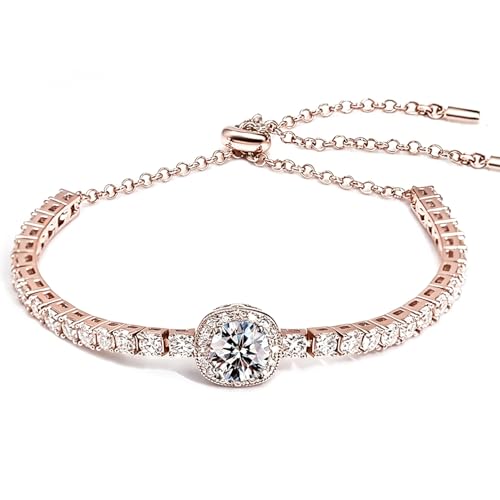 FEIKFEIZ Pulsera de tenis de moissanita, moissanita de laboratorio de 2 CT 8 mm tipo diamante, chapada en oro rosa de 18K, pulsera ajustable para mujer en color dorado, regalo de joyería.