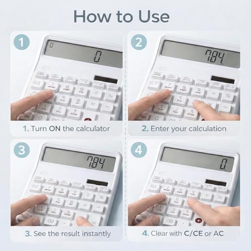 Image of 12 Digit Large Display Desktop Calculator White with Big Buttons, Dual Screen, GT & Memory Functions, Auto Power Off | Office, School & Home Use