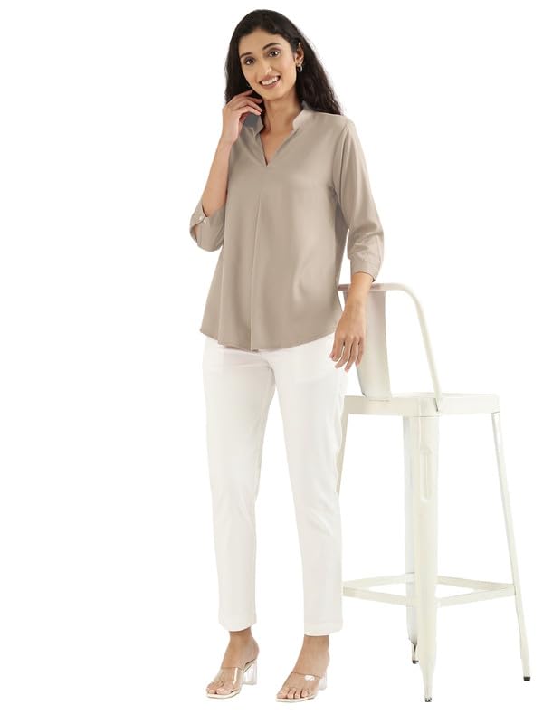 Image of SAADAA Top for Women, Viscose Pleated Tops, V-Neck with a Collar, 3 /4 Sleeve Length, Office & Casual Wear