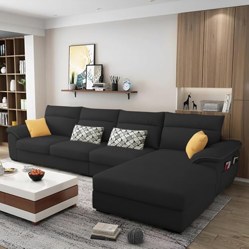 Image of Casaliving Seams RHS 6 Seater L Shape Sofa Set for Living Room (Black Colour Fabric) Premium Fabric Sofa Set for Living Room | Hall