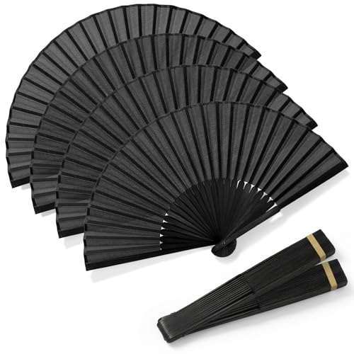 Mirriverse Lot De 4 Éventail Japonais Noir, Éventail Pliant Bambou Brut, Tissu Résistant, Danse Mariage Décoration Été