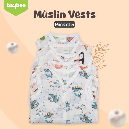 Image of BAYBEE Unisex-Baby 100% Organic Cotton Muslin Regular Fit Button Jablas| Summer Wear Sleeveless Vest Jabala | New Born Clothes | Dress 0-3 Months (Assorted, Pack Of 5)