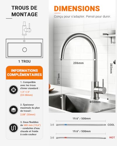 GRIFEMA G4008 Mitigeur Cuisine, Robinet Cuisine Bec Haut Chromé 360° – vue 8