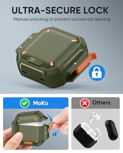 Image of MoKo for AirPods 4 Case Cover with Lock, Waterproof, Army Green | Secure Lock, IP68 Waterproof, Military‑Grade Shockproof, Keychain, Phone Stand, Cleaner Kit