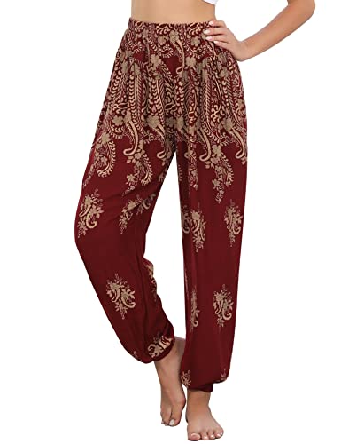 Totatuit Dame Hippie Hose Sommerhose Pumphose Haremshose Boho Freizeithose Gemustert Gesmockte Taille mit Taschen Yogahose PAT9 S