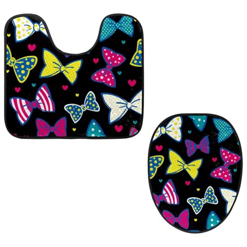 Eslifey Set di 2 tappetini per WC con copriwater e tappetino per WC a forma di U, colorati, con fiocco rosa e cuoricino, lavabili in lavatrice, antiscivolo, assorbenti