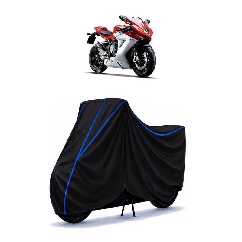 Image of MV Agusta F3 800 Bike Cover Water Resistant Universal Motorcycle Rain | Heavy Duty UV Protection, Dust, Scratch Indoor Outdoor All Weather with Black Blue Piping Elastic