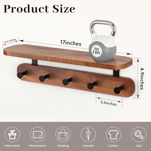 Homiton Coat Rack Wall Mount with Shelf, 17" Walnut Wood Wall Shelf with Hooks, Entryway Floating Shelves with 5 Metal Hangers for Coats, Backpacks, Living Room, Bedroom, Bathroom by Homiton - Used condition - Image 4