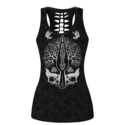 Damen Wikinger 3D Druck Odin Raven Hollow Tank Tops Fenrir Life Tree Viking Warrior Crow Thors Hammer Schwarz Sportwear Rückenfrei Outfits Trainingsanzug Lebensbaum L Cover