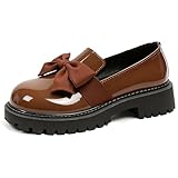 Women's Patent Leather Chunky Heel Bow Loafers Elegant Round Toe Platform Non-Slip Lug Sole Casual Dress Shoes for Business Office Work Everyday Wear (Brown,8)