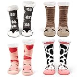Liitrsh 4 Pairs Slipper Fuzzy Socks with Gripper Valentine's Day Thermal Plush Animal Fair Isle Pink Sock for Women Men Gift(Animal)