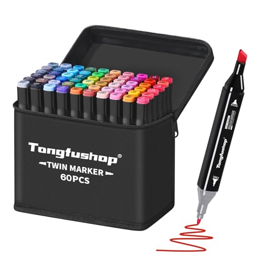 Tongfushop 60 Couleurs Feutre a Alcool, Feutres Coloriage Adulte, Marqueurs Double Pointe avec Pochette de Transport et Espaceur, S¨¦chage Rapide Marqueur Permanent pour Animation Art Esquisse