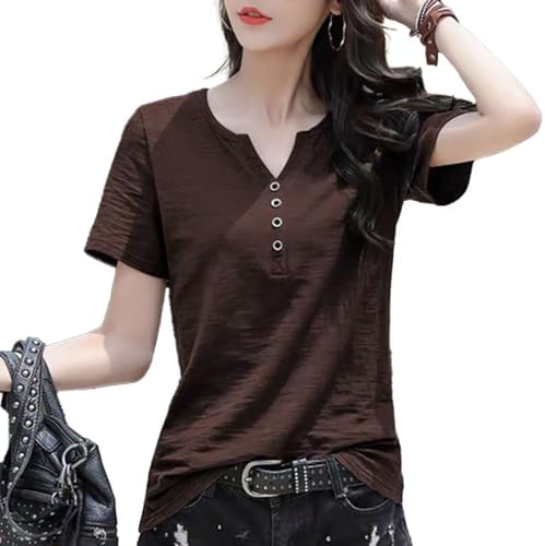 [Big laugh] [Big Laugh] T-shirt, short-sleeved top, V-neck, button-up, smooth, comfortable, plain, cotton/linen blend, satin-like, women's.