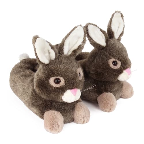 Brown Bunny Rabbit Slippers for Women and Men - Fuzzy Plush Animal Slippers for Adults