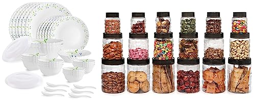 Cello Tropical Lagoon Dazzle Series Opalware Dinner Set, 35 Pieces, Service for 6, White, Extra Large & Cello Checkers Plastic PET Canister Set, 18 Pieces, Clear