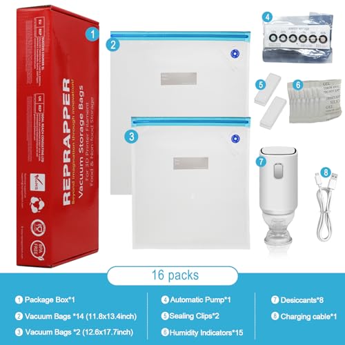 Image of RepRapper Filament Storage Bag Vacuum, Drying Sealed 16 Cleaning Bags with Two Sizes for 3D Printer Filament with Automatic Pumps /Humidity Indicator Cards /Clips / /Desiccants