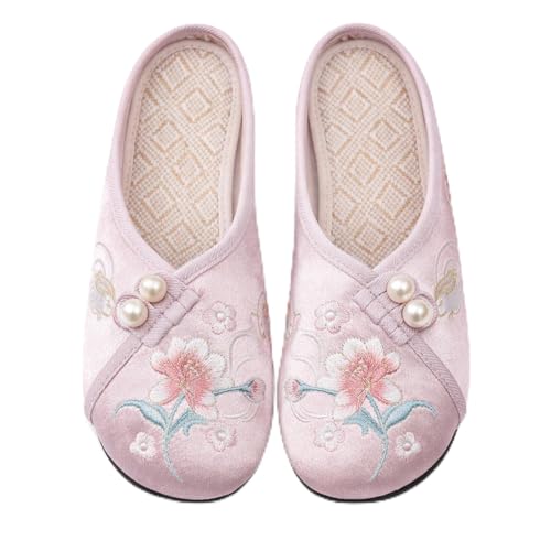 Women’s Chinese Embroidered House Slippers, Satin Indoor Slip On Shoes