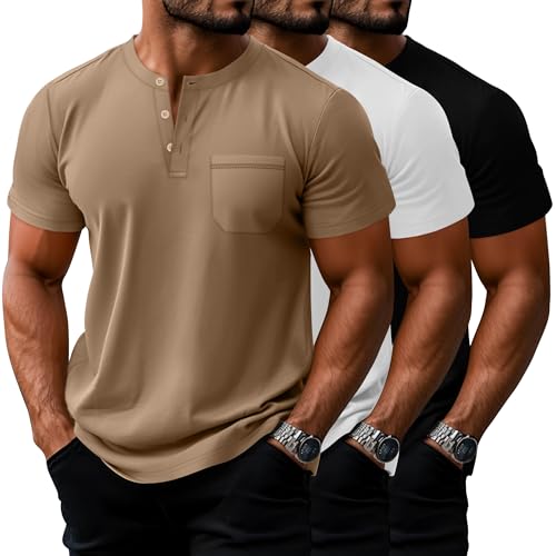 Riyiper 3 Pack Men's Big and Tall Henley T-Shirts, Short Sleeve Pocket Cotton Loose Fit Shirt Summer Oversized Button Tee