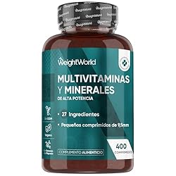 Multivitaminas y Minerales, 400 Comprimidos Vegano...: ¿Por Qué Escoger el Complejo Vitamínico Completo de WeightWorld - Este Suplemento contiene una fórmula completa con 27 vitaminas y minerales, diseñada para complementar la dieta diaria. Cada bote contiene 400 pequeños comprimidos de 9,55mm, proporcio...