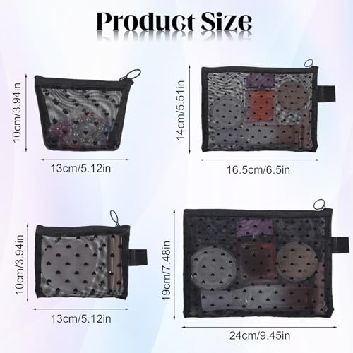 4 PCS Mesh Makeup Bag Set, Heart Printed Mesh Pouches for Purse Portable Travel Cosmetic Bags Small Toiletry Bag with Zipper Black Makeup Pouches for Home Offices Travel Accessories2