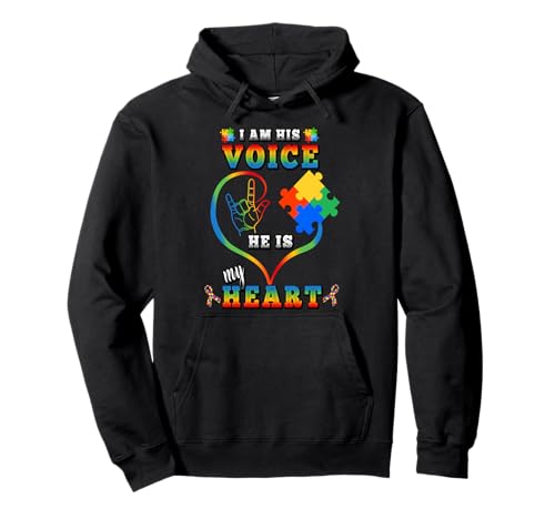 Autism Awareness Mom Shirt I Am His Voice He Is My Heart Felpa con Cappuccio