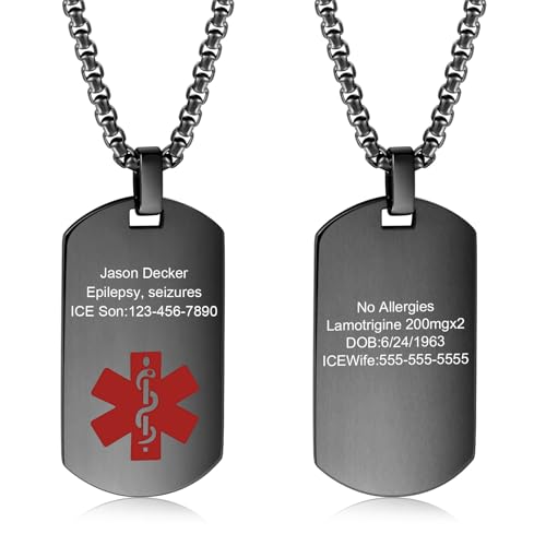 Edgahisme Medical Alert Pendant Necklace for Men Women Custom Engraved Name ID Tag Stainless Steel Necklace Emergency Med Alert Necklace Medical Alert Jewelry (Black)