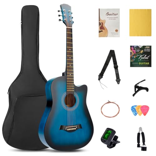 SHINEDOWN 38 inch Acoustic Guitar in Full Size Beginner All Wood Cutaway Starter Set with Free Bag/Tuner/Capo/A Pack of Strings/Strap/3 Single Strings/Cloth/Picks/String Cutter/Tutorial (Blue)