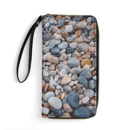 Beach Colored Pebbles Leather Wallet Smooth Zip Around Clutch Wristlet Travel Long Soft Purse for Women