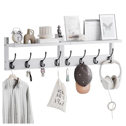 STELLSTAR Wandgarderobe mit Ablage, Bambus Wandregal mit 8 Haken, 40 cm, Wandmontiertes Hängeregal den Flur, zur Aufbewahrung von Kleidung (Weiß+Schwarz)