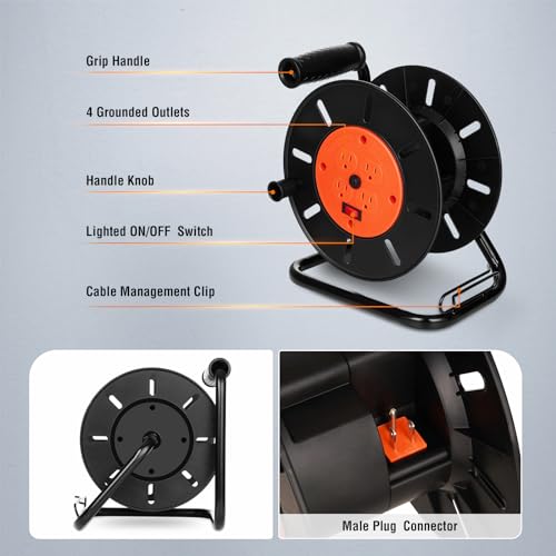 Image of SURAIELEC Extension Cord Storage Reel, 15 AMP Overload Switch, 4 Outlets, Holds 100 ft 16 /3, 14 /3 or 75ft 12 /3 Cord, Hand Crank Electric Empty Power Cord Spool, (3, Black)