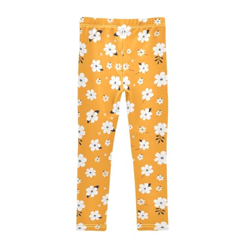 Girls' Athletic Leggings Ankle Length Yoga Dance Pants Kids Teen 4T White Flowers Orange2