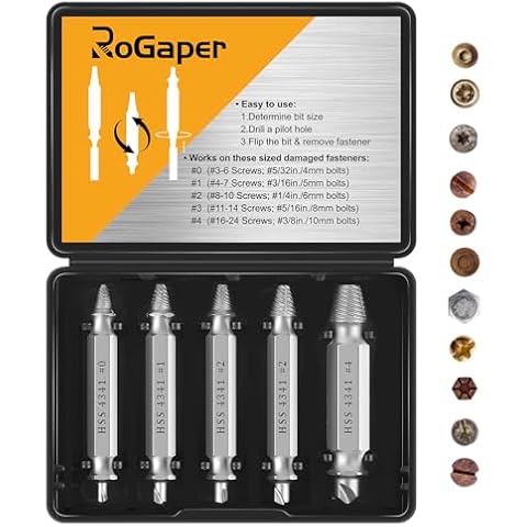ROGAPER Damaged Screw Extractor Set, Remover for Stripped Screws Nuts & Bolts, Drill Bit Tools for Easy Removal of Rusty & Broken Hardware, Superb Gift for Men Broken Bolt Extractor Screw Remover Set Cover
