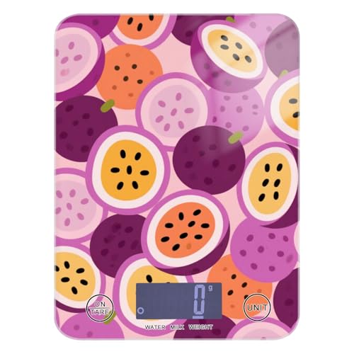 Báscula de alimentos de espresso morado de maracuyá de dibujos animados, mini 11 libras/5 g, escala precisa de 5 kg/5 g, con 4 unidades para hacer jabón, hornear, hornear báscula para cocina