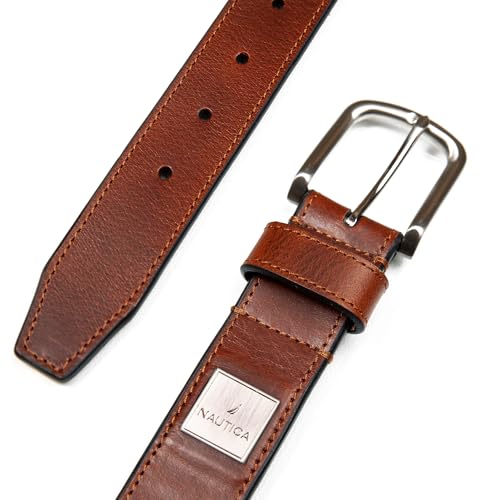 Image of Nautica Men's Casual Leather Belt | Everyday | Classic | Pants | Jeans | Khakis | Chinos | Metal Buckle