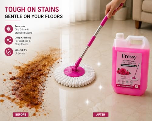 Image of FRESSY Disinfectant Floor Cleaner Liquid 5L - Rose Blossom Multi-Surface Cleaner for Bathroom, Tiles, Marble, Granite & Mosaic | Kills 99.9% Germs | Long Lasting Fragrance