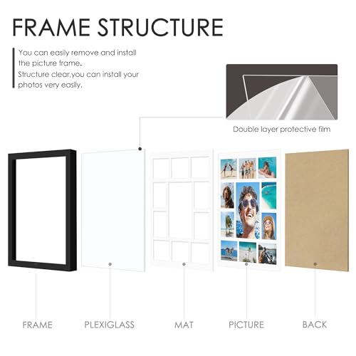 Image of DUENPY 20x20 Collage Picture Frames Display One 8x10 Inch and Six 4x6 and Four 5x5 Photos Collage Wall Decor Wall Hanging or Tabletop Black