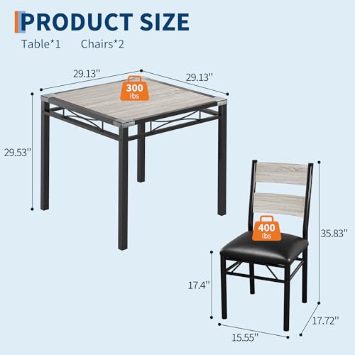 GarveeHome Dining Table Set for 2, Dining Table with 2 Upholstered Chairs, Wood 3-Piece Kitchen Dining Room Table Set with Corner Protector for Small Space, Kitchen, Apartment, Rustic Gray