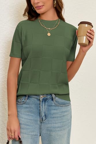 Image of Cakulo Women's Short Sleeve Summer Sweater Knit Tops | Checkered Pattern, Crew Neck, Lightweight Knit, Pullover Sweaters, Business Casual Work Tops Basic Clothes