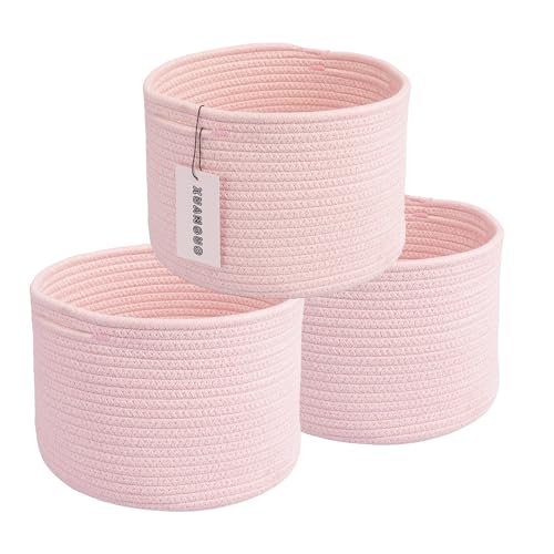 Image of XUANGUO Woven Cotton Rope Storage Baskets - 3-Pack Round Bins (10x10x7'') for Shelves, Closets & Bookcases | Durable Rope Organizers for Nursery, Baby, Toys, Easter & More (pink)