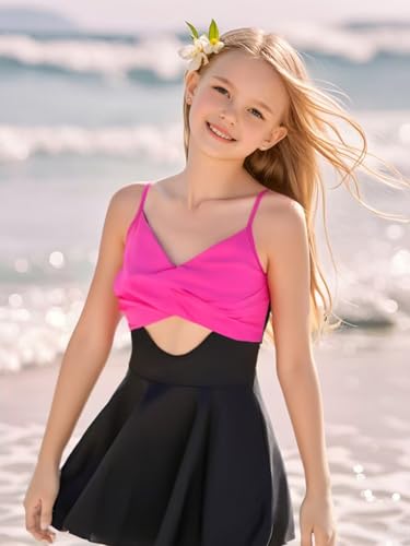 Girl Swimsuit One Piece Bathing Suit V Neck Girls Black Swimsuit Tummy Control Girls' Swimwear Skirt Size 10Y Yizuoding0001HOT Pink2